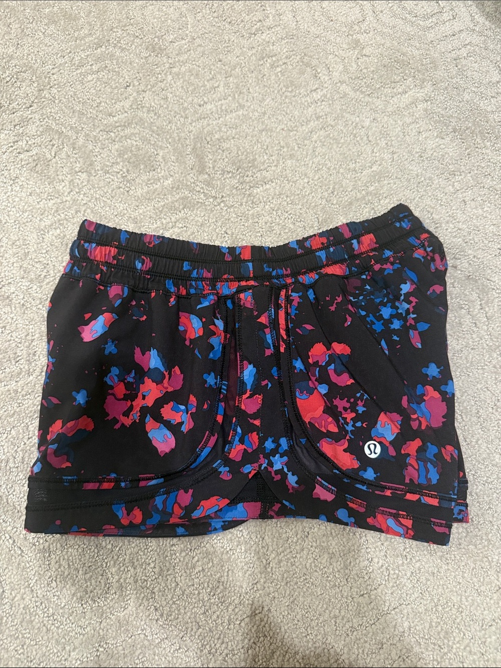 lululemon athletica Black Athletic Shorts with Pink & Blue Print